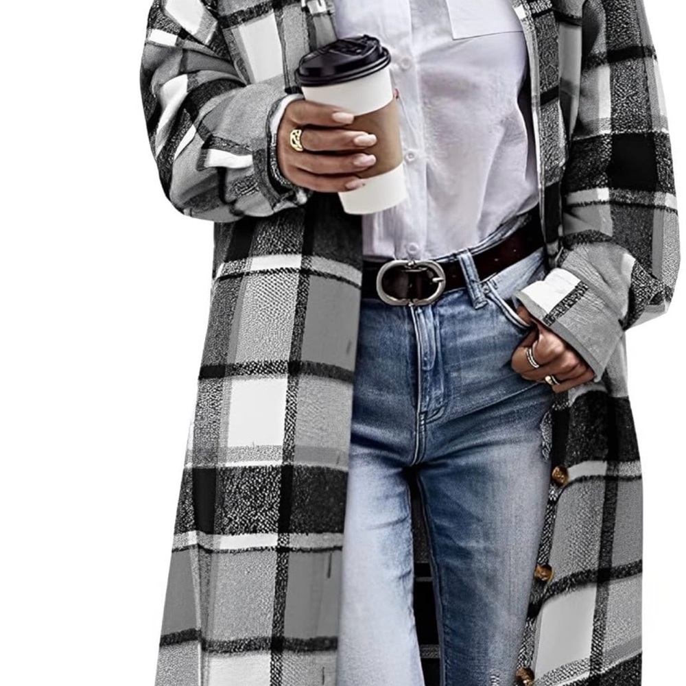 Plaid Long Shacket Coat with Buttons L